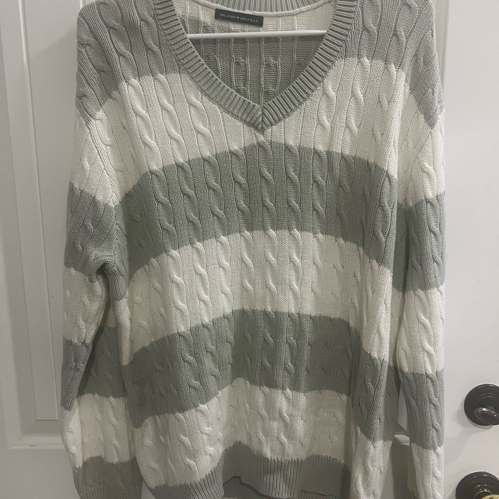 Brandy Melville Green and White V-Neck Sweater